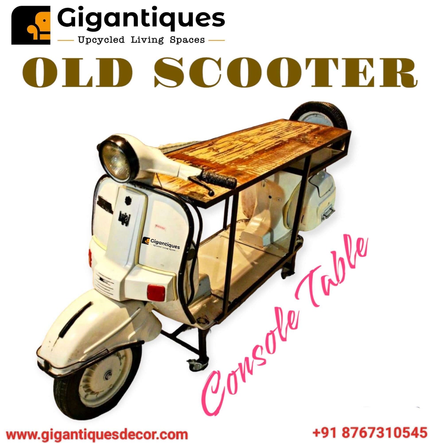 console table made from old bajaj indian scooter by gigantiques in upcycled way , reused and repurpose something old and create new avtar of scooter table 