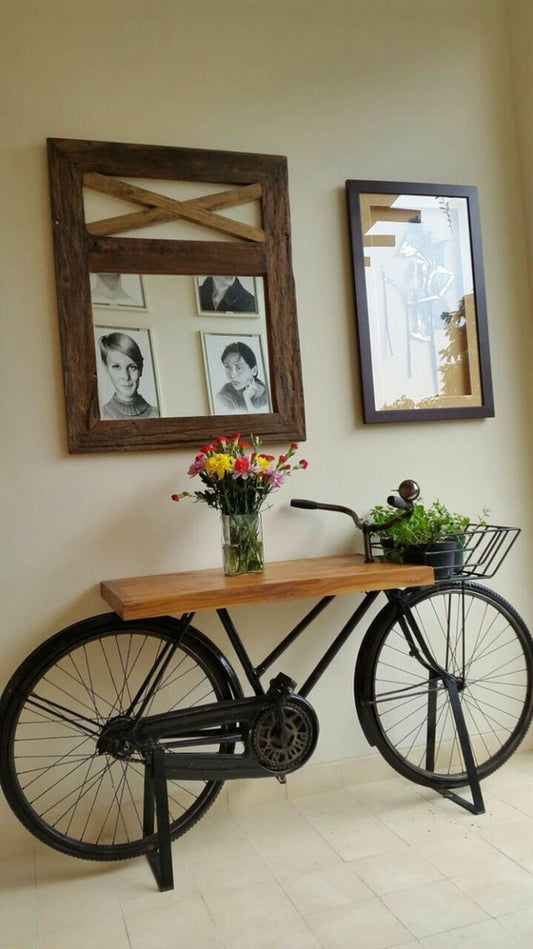 Old bicycle console table with Bucket tabletop pinewood melamine polish by Giagntiques