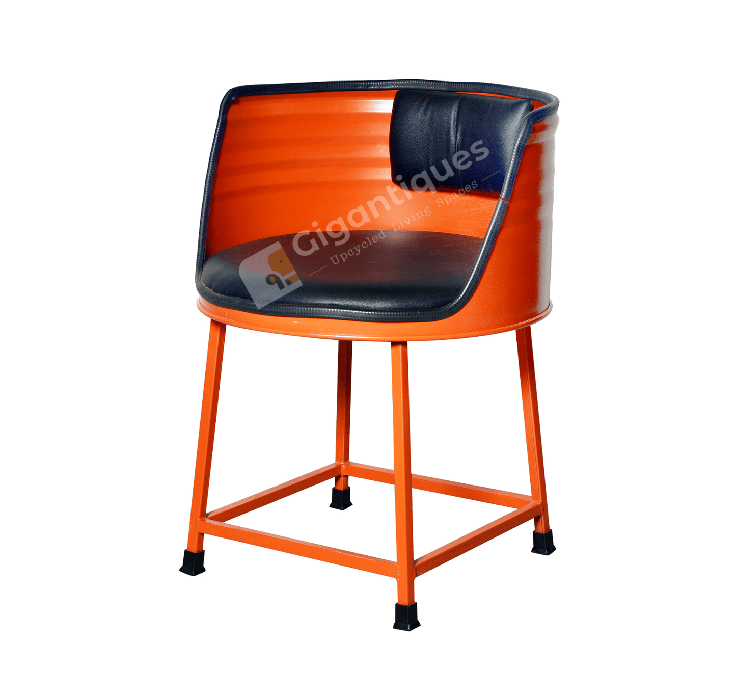 Gigantiques eco-friendly upcycled metal drum barrel leg chair with unique design in orange and black for cafes and restaurants in Mumbai, Pune.