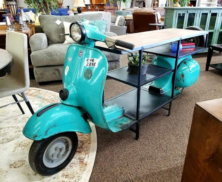 Scooter modify into Table with storage pinewood top by Gigantiques