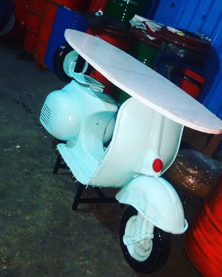 Scooter modify into Table with storage pinewood top by Gigantiques