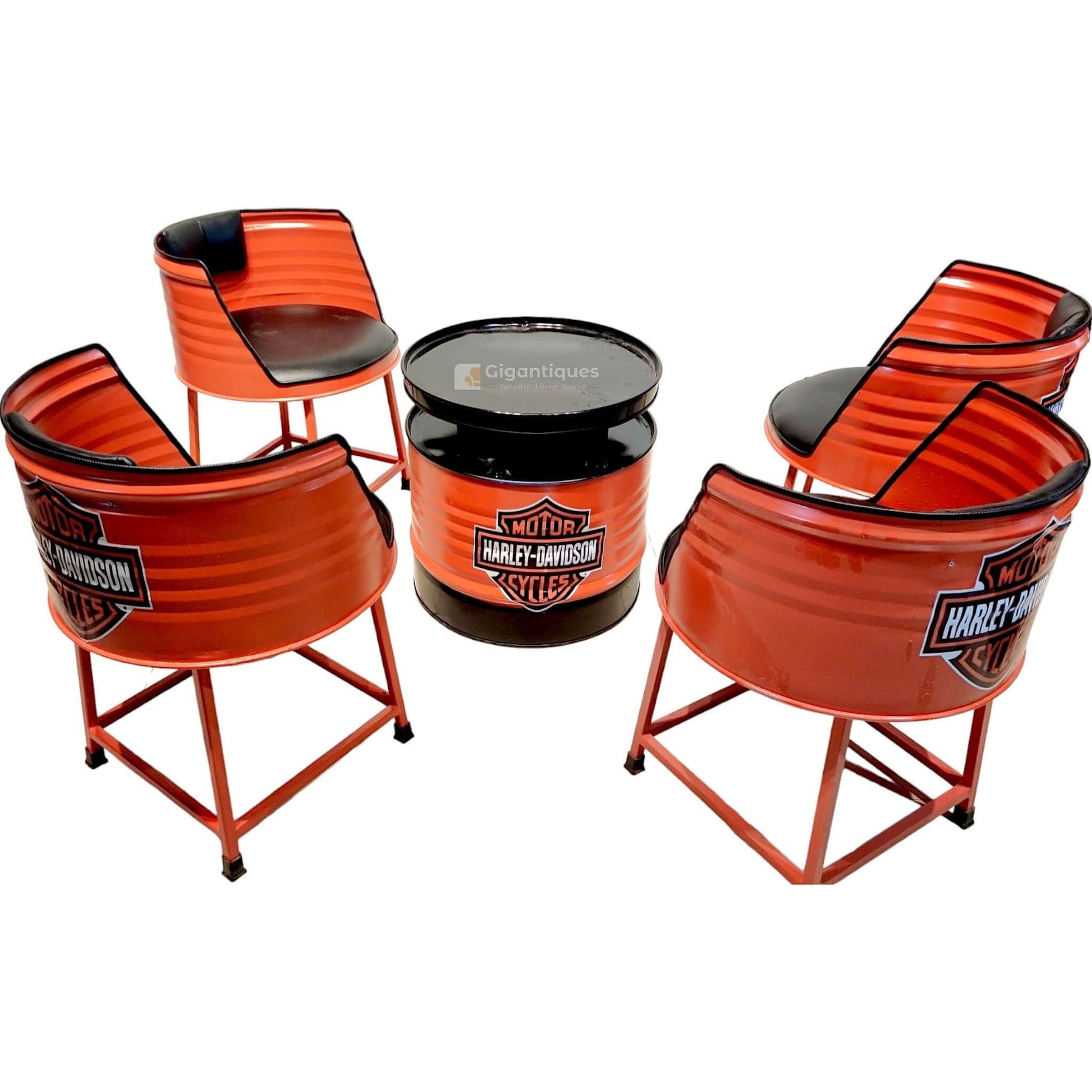 Innovative upcycled metal drum chair set by Gigantiques, featuring vibrant Harley-themed design for cafe and restaurant decor.