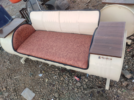 Eco-friendly upcycled barrel sofa by Gigantiques with hand rest pads, perfect for cafes and restaurants in Pune and Mumbai.