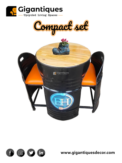 Two Seater compact Drum Furniture Set  Useful for Cafe restaurant seating Size - H30 inch x ST HIGHT 18 INCH