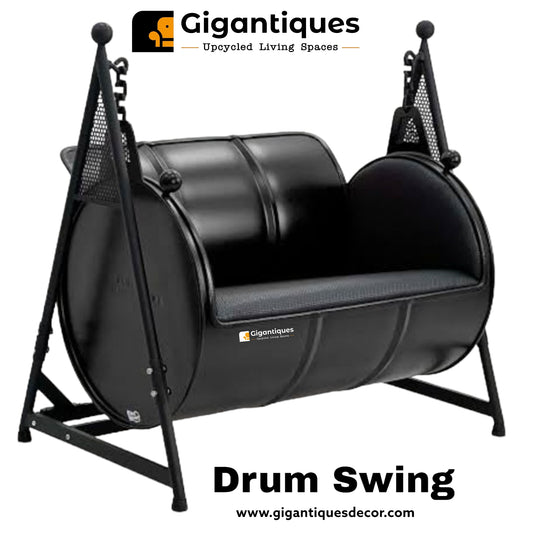 Drum furniture by Gigantiques transitions into swing comfortable seating selfie point