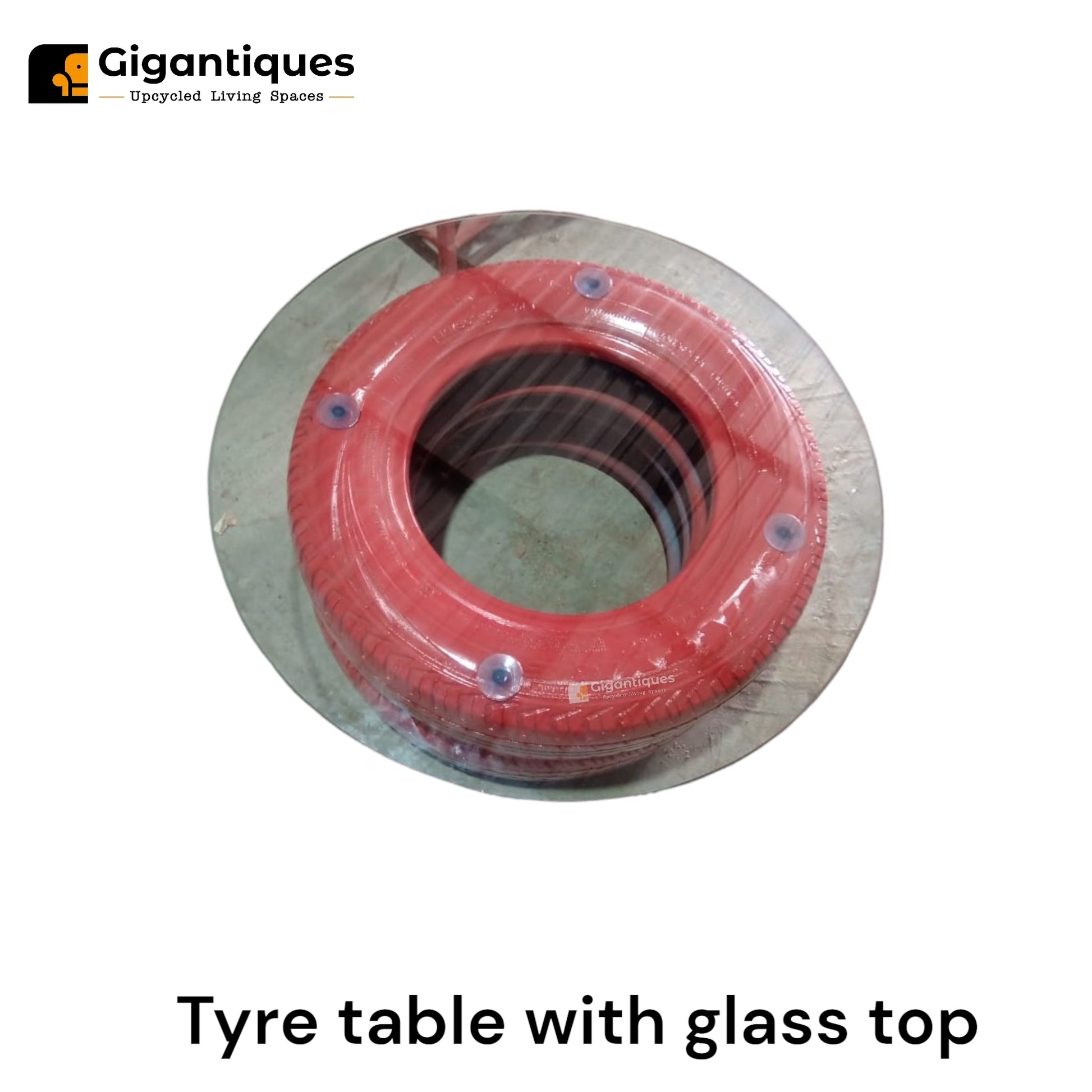 Center table tyre made with glass top 