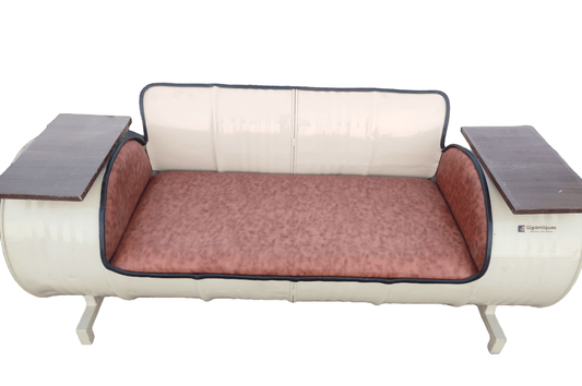 Eco-friendly barrel furniture 2-seater sofa with hand rest pads by Gigantiques Décor, perfect for cafes and restaurants in Pune, Maharashtra.