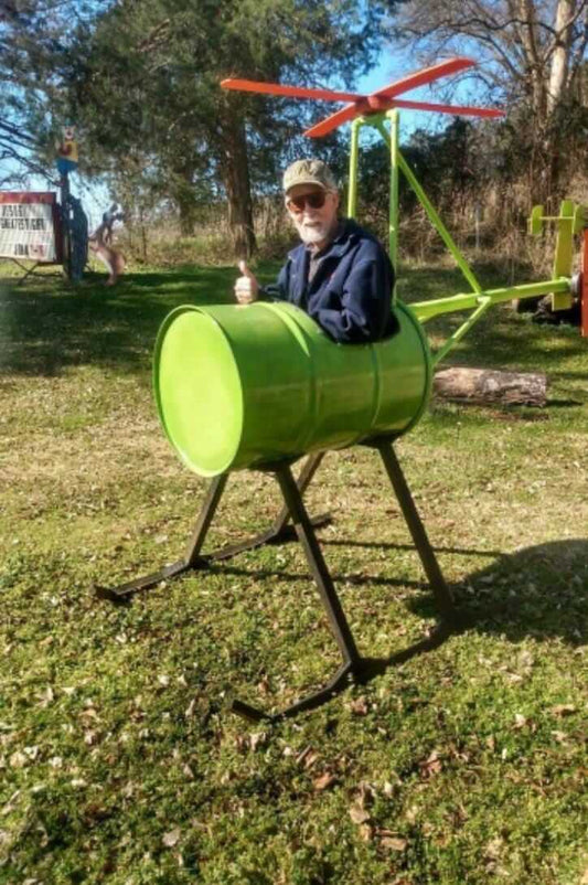 Barrel furniture upcycled into attractive selfie point barrel helicopter by Gigantiques