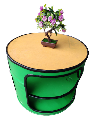 Double compartment center table made from metal drum 